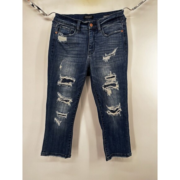 Judy Blue Jeans Women's 5/27 raw Hem Skinny Fit CROPPED Distressed mint - Picture 10 of 12